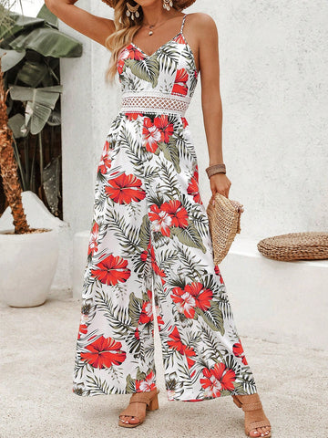 Women's Tropical Plant Printed Lace Patchwork Backless Halter Jumpsuit With Wide Leg Pants