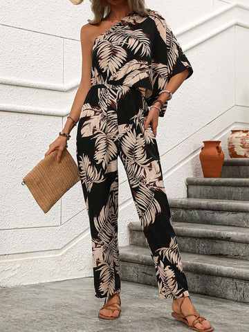 Women's Tropical Plant Printed One Shoulder Batwing Sleeve Jumpsuit