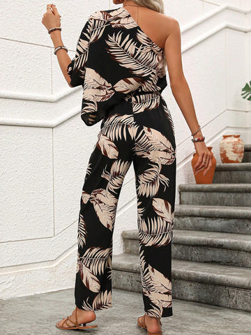 Women's Tropical Plant Printed One Shoulder Batwing Sleeve Jumpsuit