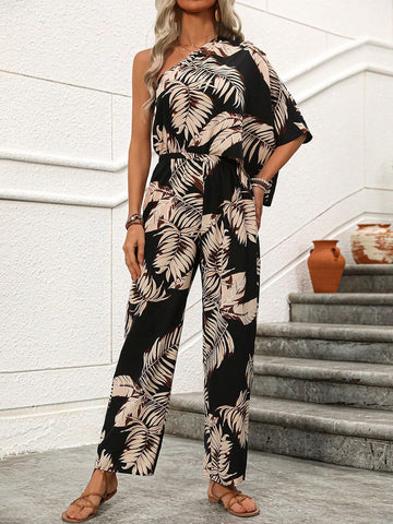 Women's Tropical Plant Printed One Shoulder Batwing Sleeve Jumpsuit