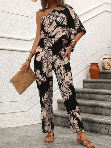 Women's Tropical Plant Printed One Shoulder Batwing Sleeve Jumpsuit
