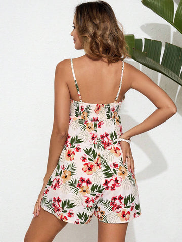 Women's Tropical Plant Printed Spaghetti Strap Jumpsuit