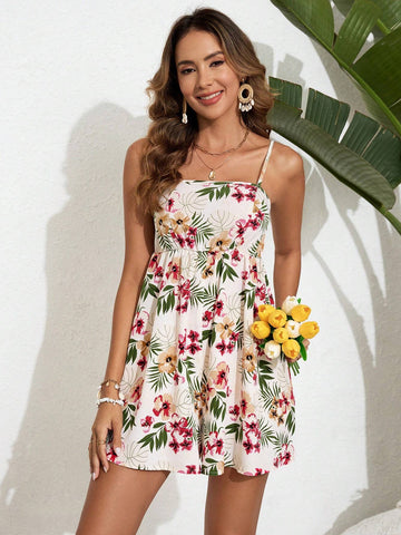 Women's Tropical Plant Printed Spaghetti Strap Jumpsuit