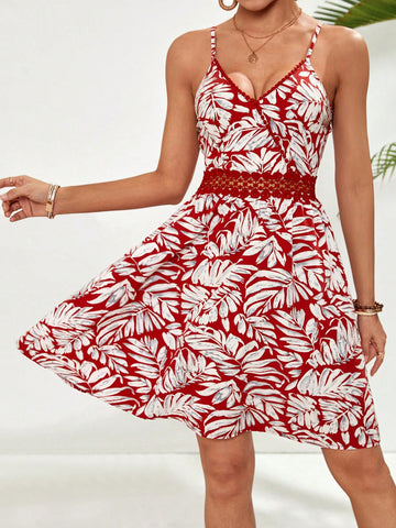 Women's Tropical Plants Printed Spaghetti Strap Dress