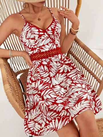 Women's Tropical Plants Printed Spaghetti Strap Dress