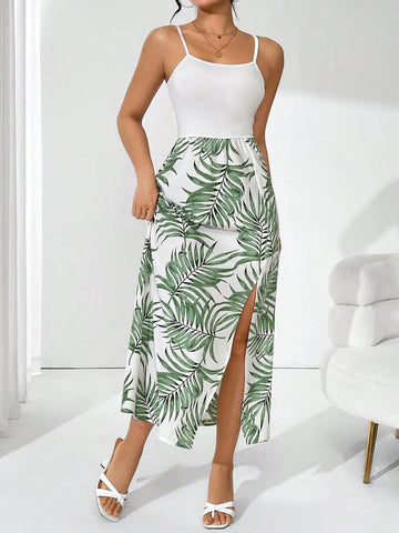 Women's Tropical Print High Slit Halter Neck Maxi Dress