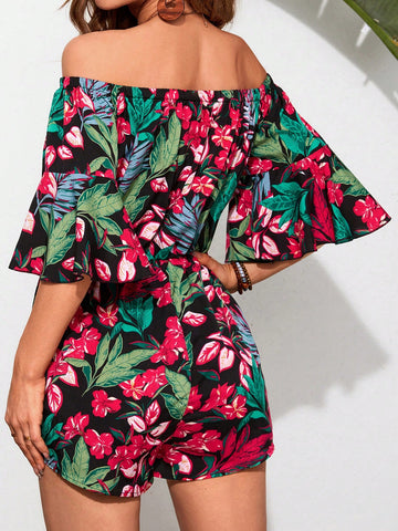 Women's Tropical Print Off-Shoulder Flared Sleeves Jumpsuit With Shorts