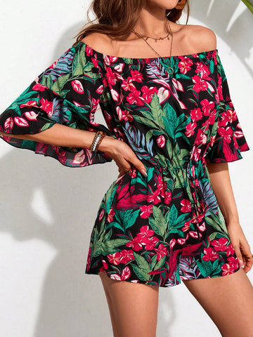 Women's Tropical Print Off-Shoulder Flared Sleeves Jumpsuit With Shorts