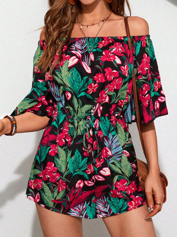 Women's Tropical Print Off-Shoulder Flared Sleeves Jumpsuit With Shorts