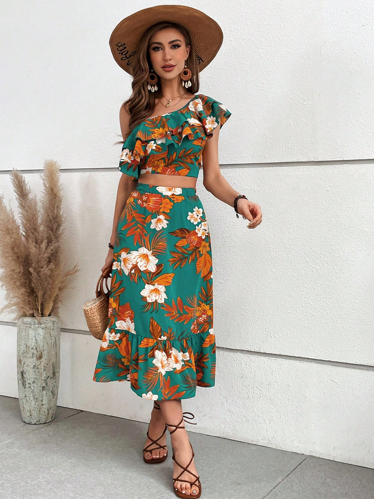 Women's Tropical Print One Shoulder Top And Lace Trimmed Midi Skirt Set