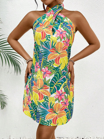 Women's Tropical Printed Halterneck Vacation Casual Backless Dress
