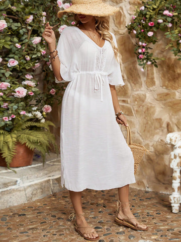 Women's V-Neck Batwing Sleeve Drawstring Waist Maxi Dress