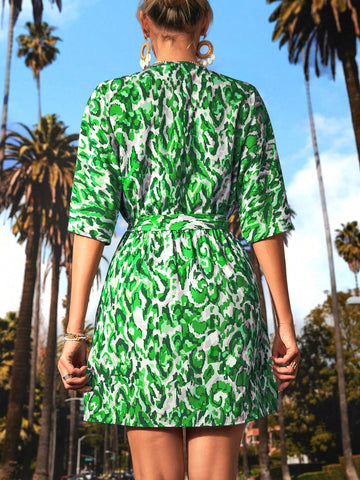 Women's V-Neck Belted Dress