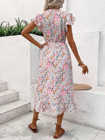 Women's V-Neck Belted Floral Print Dress With Ruffle Sleeves For Vacation Style In Spring/Summer