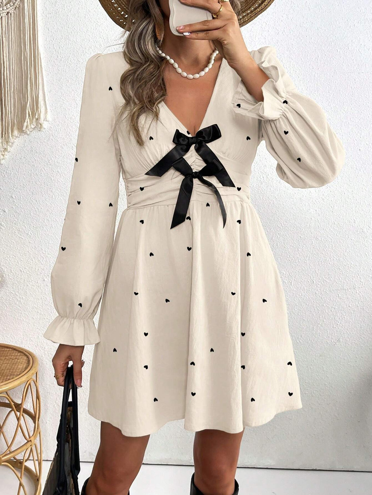 Women's V-Neck Bowknot A-Line Ruffle Sleeve Romantic Heart Holiday Dress, Spring/Summer