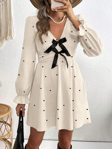Women's V-Neck Bowknot A-Line Ruffle Sleeve Romantic Heart Holiday Dress, Spring/Summer