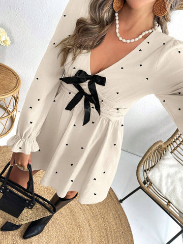 Women's V-Neck Bowknot A-Line Ruffle Sleeve Romantic Heart Holiday Dress, Spring/Summer