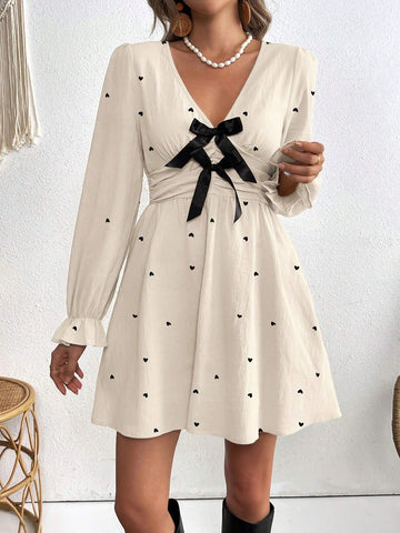Women's V-Neck Bowknot A-Line Ruffle Sleeve Romantic Heart Holiday Dress, Spring/Summer