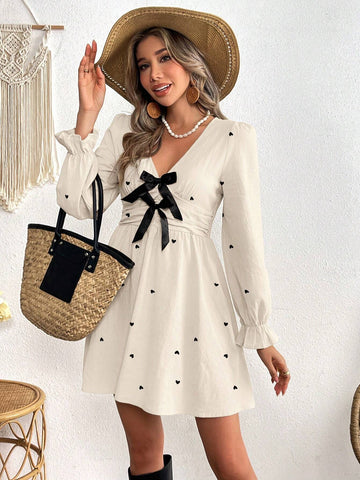 Women's V-Neck Bowknot A-Line Ruffle Sleeve Romantic Heart Holiday Dress, Spring/Summer