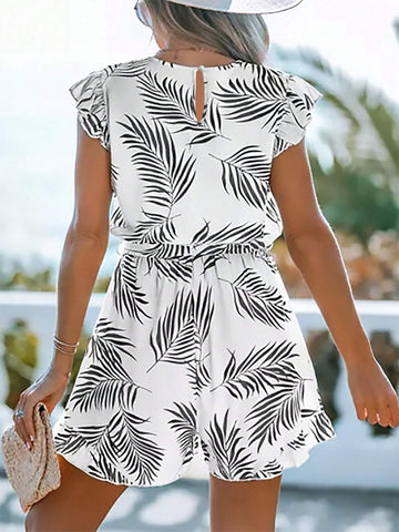 Women's V-Neck Leaf Printed Cap Sleeve Jumpsuit With Belt, Summer Holiday Outfit