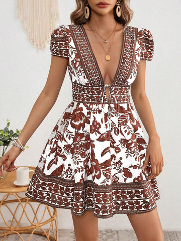 Women's V-Neck Print Gathered Waist Fitted Short Vacation Dress