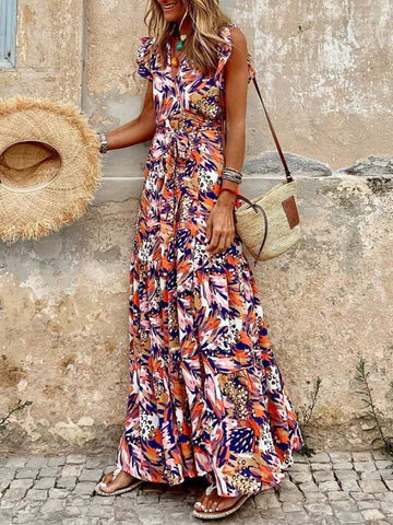 Women's V-Neck Ruffle Hem Vacation Style Summer Dress