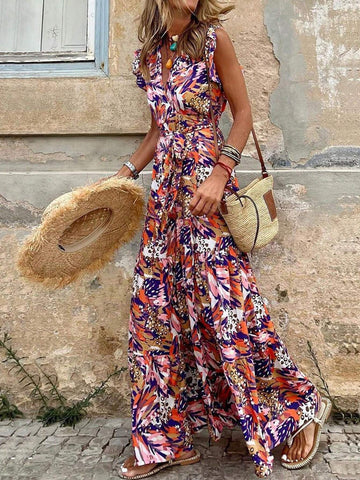 Women's V-Neck Ruffle Hem Vacation Style Summer Dress