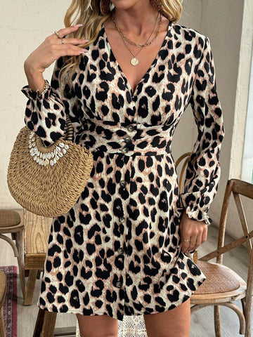 Women's V-Neck Ruffle Trim Button Waist Flared Vintage Leopard Print Holiday Dress, Autumn/Winter