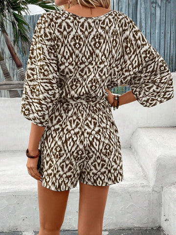 Women's Geometric Printed Overlapped V-Neck Batwing Sleeve Casual Jumpsuit For Vacation