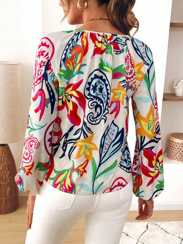 VCAY Women's V-Neck Tied Lantern Sleeve A-Line Casual Resort Printed Blouse, Fall/Winter