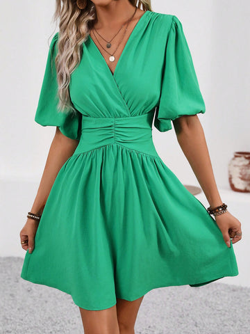 Women's V-Neck Waist Pleated Dress