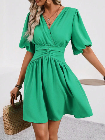Women's V-Neck Waist Pleated Dress