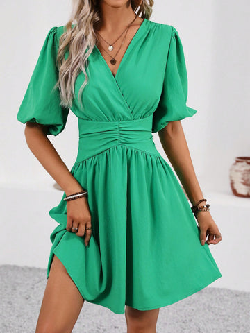 Women's V-Neck Waist Pleated Dress