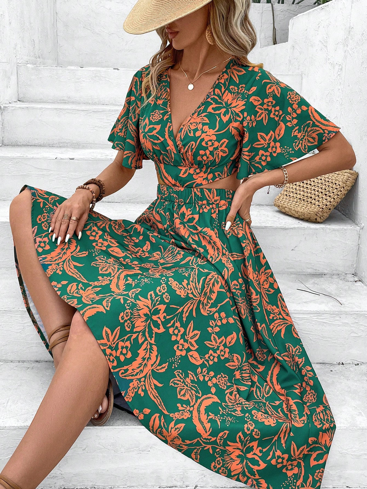 VCAY Women's Vacation-Ready Waist Cutout V-Neck Butterfly Sleeves Open Back Printed Dress
