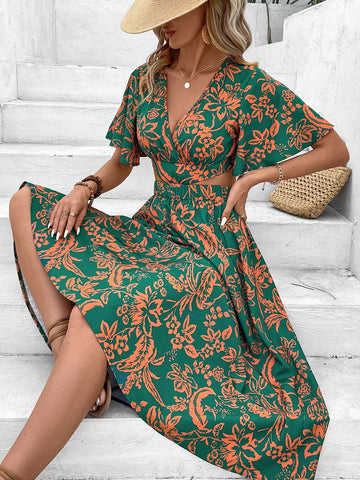 VCAY Women's Vacation-Ready Waist Cutout V-Neck Butterfly Sleeves Open Back Printed Dress