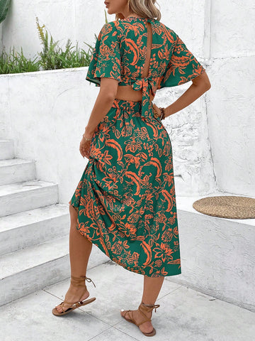 VCAY Women's Vacation-Ready Waist Cutout V-Neck Butterfly Sleeves Open Back Printed Dress