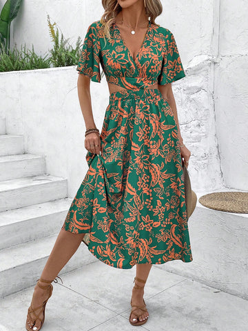 VCAY Women's Vacation-Ready Waist Cutout V-Neck Butterfly Sleeves Open Back Printed Dress