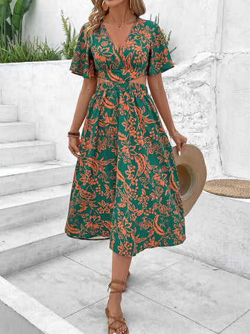 VCAY Women's Vacation-Ready Waist Cutout V-Neck Butterfly Sleeves Open Back Printed Dress