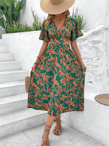 VCAY Women's Vacation-Ready Waist Cutout V-Neck Butterfly Sleeves Open Back Printed Dress