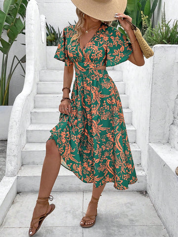 VCAY Women's Vacation-Ready Waist Cutout V-Neck Butterfly Sleeves Open Back Printed Dress