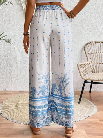 VCAY Women's Vacation/Leisure Polka Dot & Coconut Tree Printed Long Pants