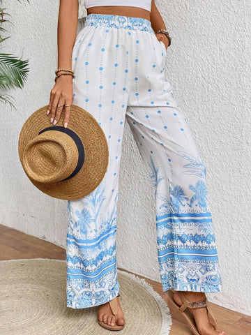 VCAY Women's Vacation/Leisure Polka Dot & Coconut Tree Printed Long Pants