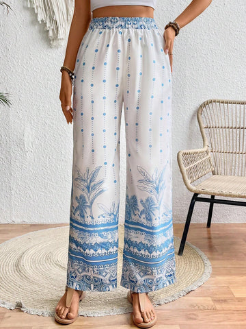 VCAY Women's Vacation/Leisure Polka Dot & Coconut Tree Printed Long Pants