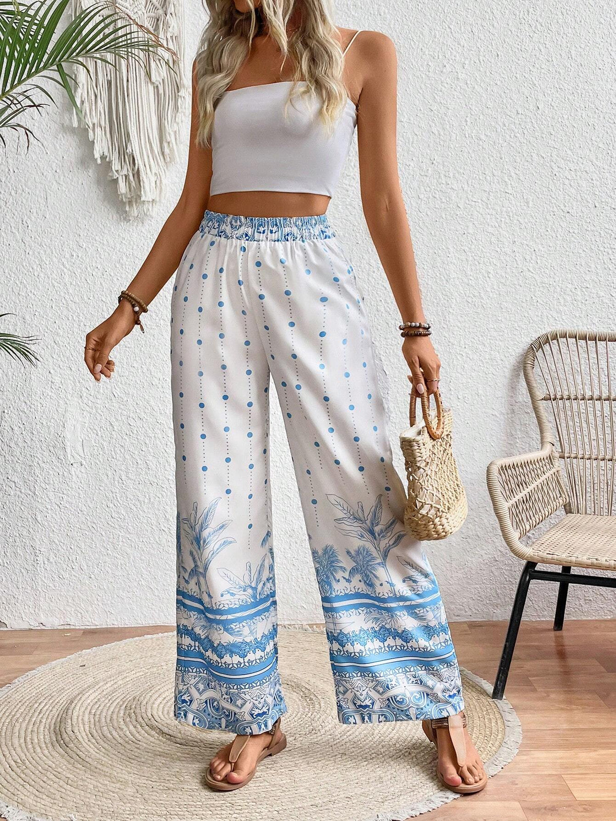 VCAY Women's Vacation/Leisure Polka Dot & Coconut Tree Printed Long Pants