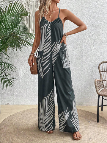 Women's Vacation Casual Plant Printed Jumpsuit With Straps
