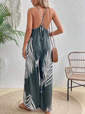 Women's Vacation Casual Plant Printed Jumpsuit With Straps