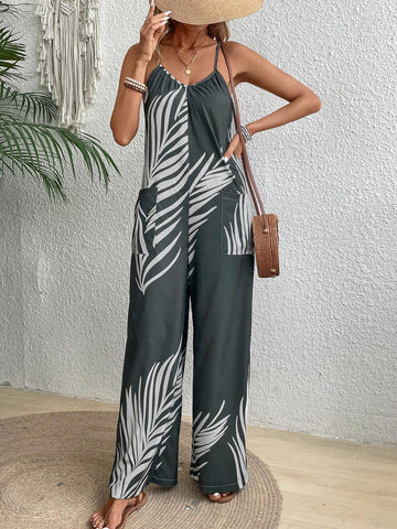 Women's Vacation Casual Plant Printed Jumpsuit With Straps