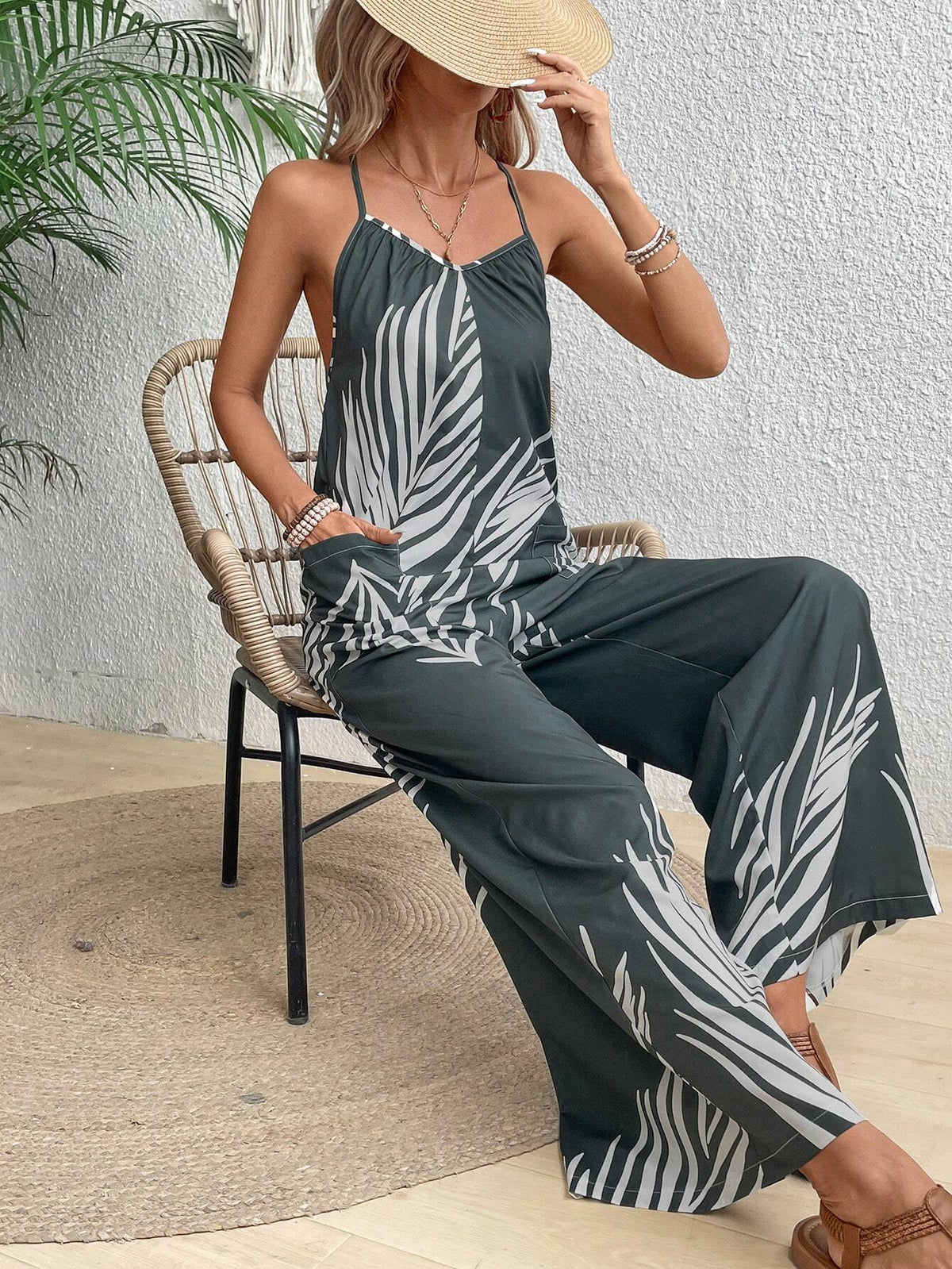 Women's Vacation Casual Plant Printed Jumpsuit With Straps