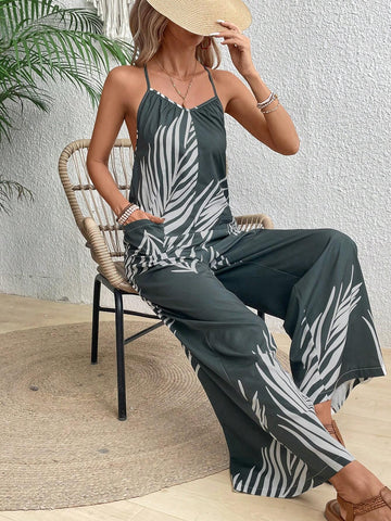 Women's Vacation Casual Plant Printed Jumpsuit With Straps
