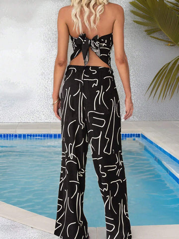 Women's Vacation Casual Random Printed Strap Backless Tube Top And Long Pants Set